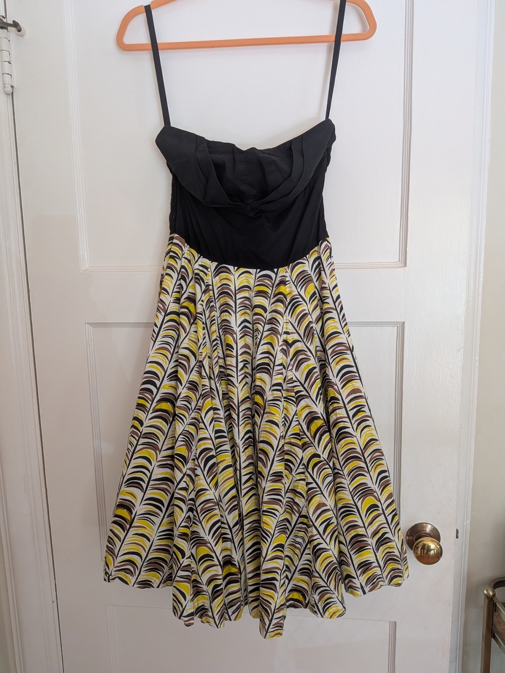 Girls From Savoy Anthropologie Black Bodice Yellow & White Patterned Midi Dress